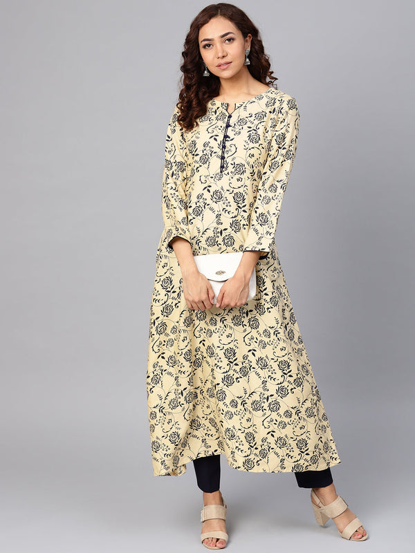 Jashvi Women Cream-Coloured & Navy Blue Printed A-Line Kurta