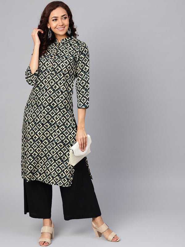 Jashvi Women Cream-Coloured & Black Printed Straight Kurta