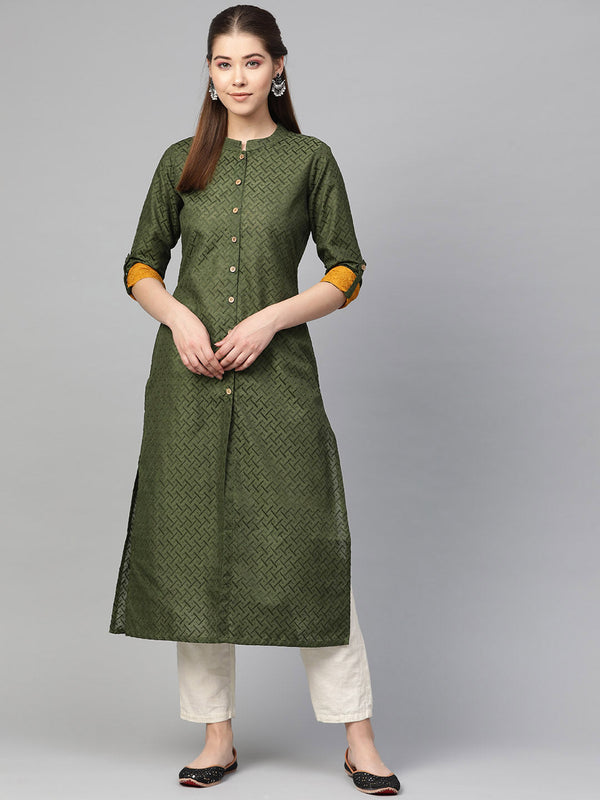 Jashvi Women Olive Green Woven Design Straight Kurta