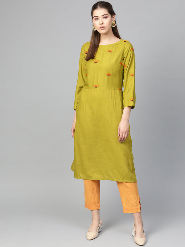 Jashvi Women Green Yoke Design Straight Kurta