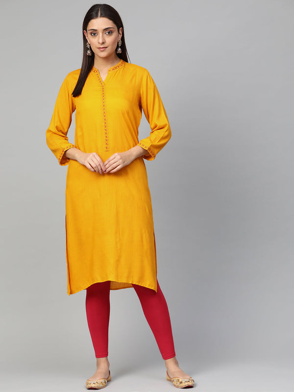 Jashvi Women Mustard Embroidered Straight Kurta