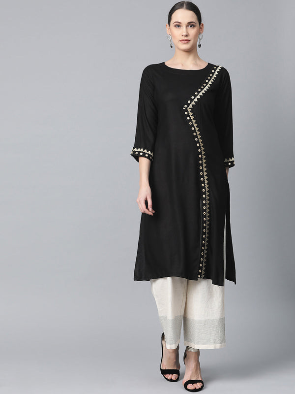 Jashvi Women Black Embroidered Straight Kurta