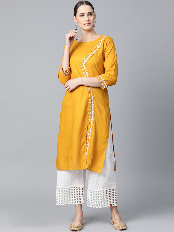 Jashvi Women Mustard Embroidered Straight Kurta