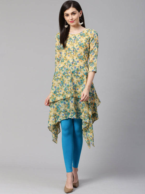 Jashvi Women Beige & Blue Floral Printed A-Line Kurta