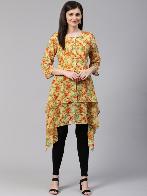 Jashvi Women Beige & Orange Floral Printed A-Line Kurta