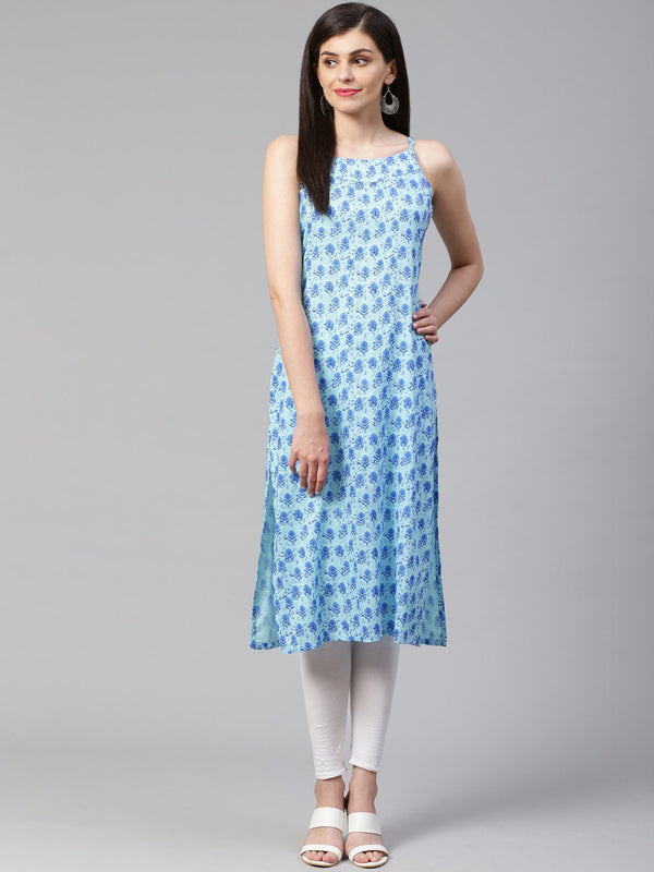 Jashvi Women Blue Printed Straight Kurta