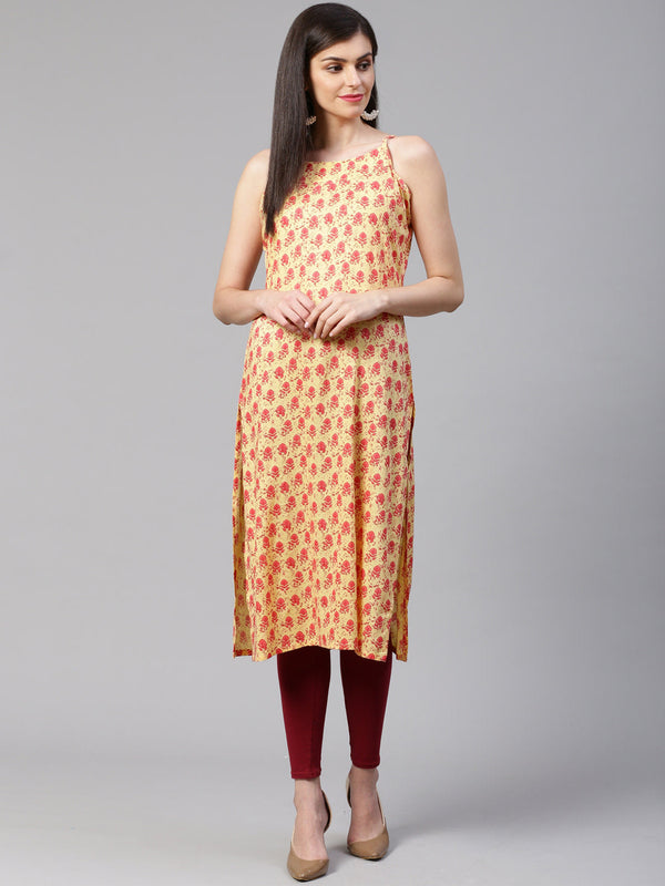 Jashvi Women Yellow Printed Straight Kurta