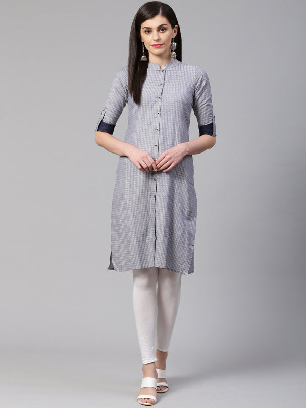 Jashvi Women Grey & Blue Jacquard Woven Design Straight Kurta