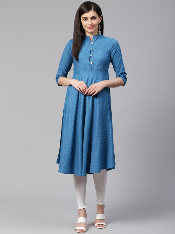 Jashvi Women Blue Woven Design Jacquard Weave A-Line Kurta