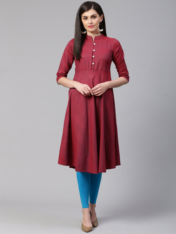 Jashvi Women Maroon Woven Design Jacquard Weave A-Line Kurta