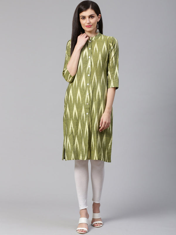 Jashvi Women Olive Green & Cream-Coloured Ikkat Woven Design Straight Kurta