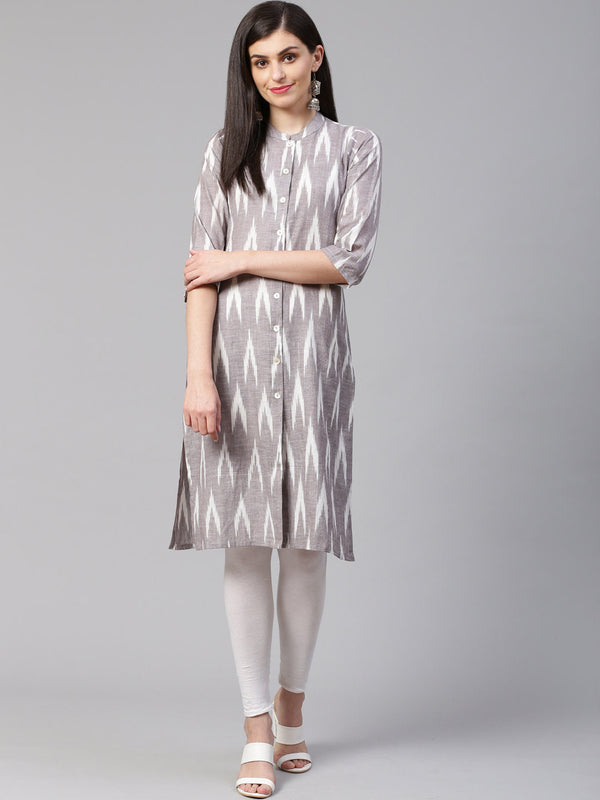 Jashvi Women Grey & Cream-Coloured Ikkat Woven Design Straight Kurta