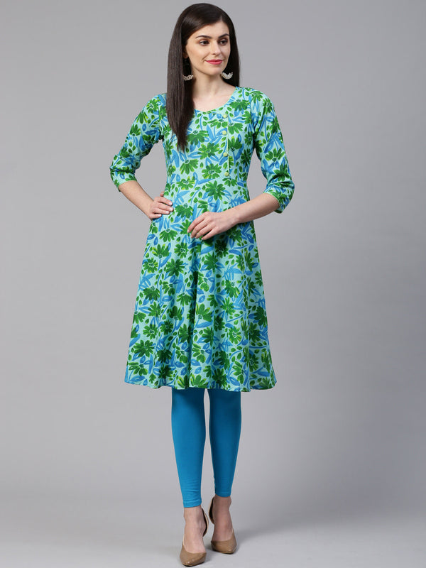 Jashvi Women Blue & Green Floral Print Angrakha A-Line Kurta