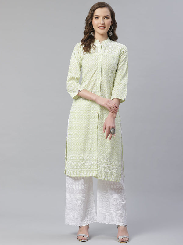 Women Lime Green & White Chikankari Embroidered Kurta with Palazzos