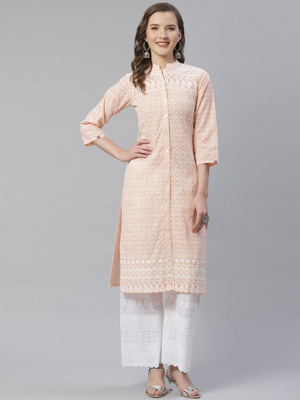 Women Peach & White Chikankari Embroidered Kurta with Palazzos