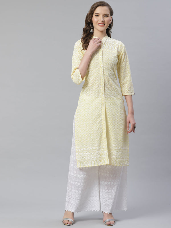 Women Yellow & White Chikankari Embroidered Kurta with Palazzos