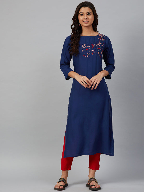 Jashvi Women Blue & Pink Yoke Embroidered Straight Kurta