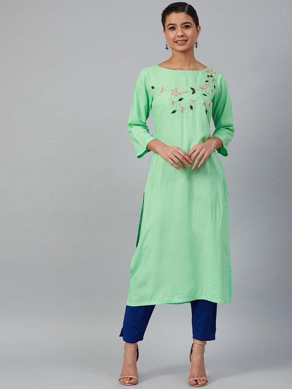 Jashvi Women Green & Pink Yoke Embroidered Straight Kurta