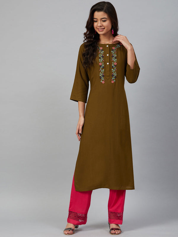 Jashvi Women Olive Brown & Pink Yoke Embroidered Straight Kurta