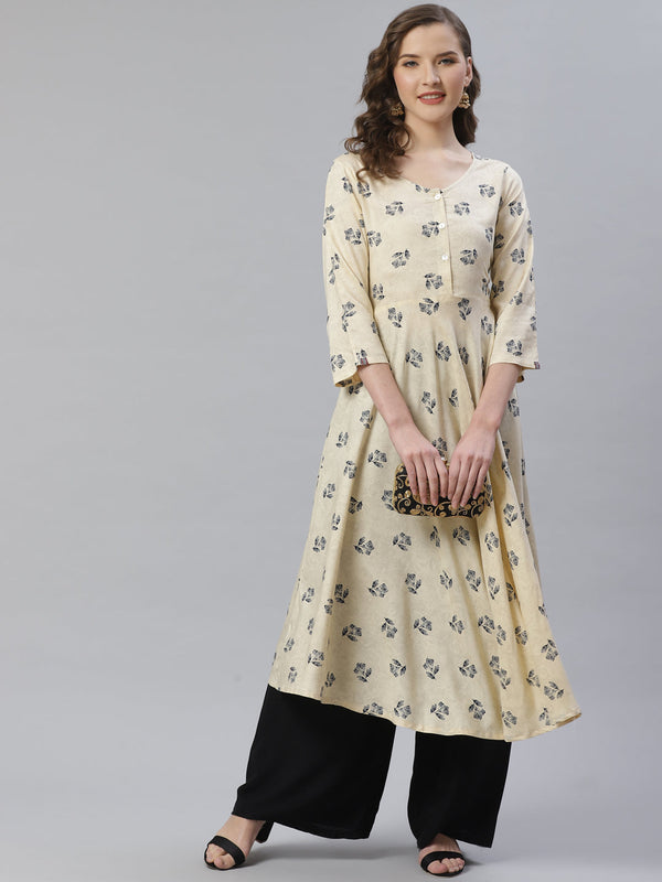 Jashvi Women Off-White & Black Floral Printed A-Line Kurta