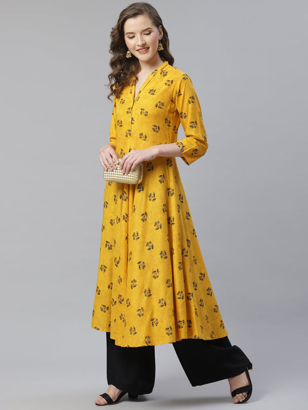 Jashvi Women Yellow & Black Floral Printed A-Line Kurta