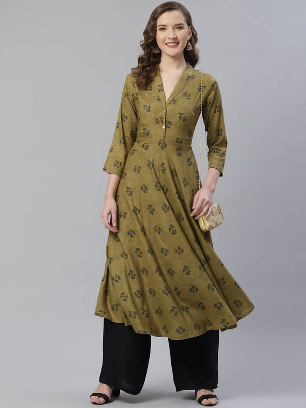 Jashvi Women Olive & Black Floral Printed A-Line Kurta