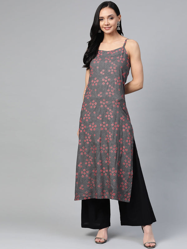 Jashvi Women Charcoal Grey & Pink Printed Straight Kurta