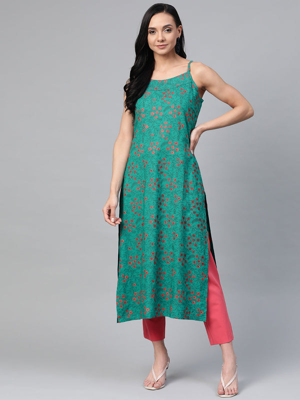 Jashvi Women Rama Green & Pink Printed Straight Kurta