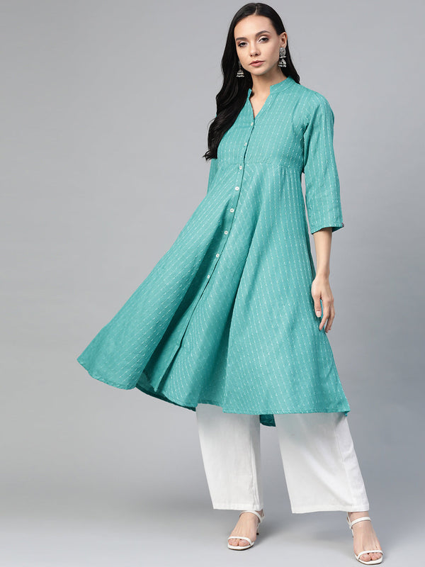 Jashvi Women Green & White Woven Design Jacquard A-Line Kurta