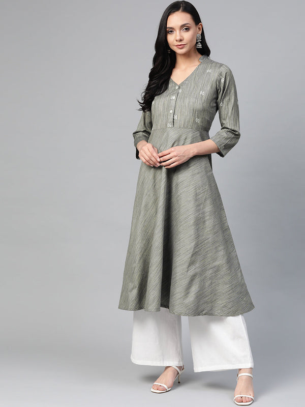 Jashvi Women Grey Woven Design Flaired Kurta