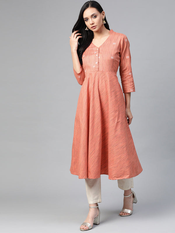 Jashvi Women Orange Woven Design Flaired Kurta