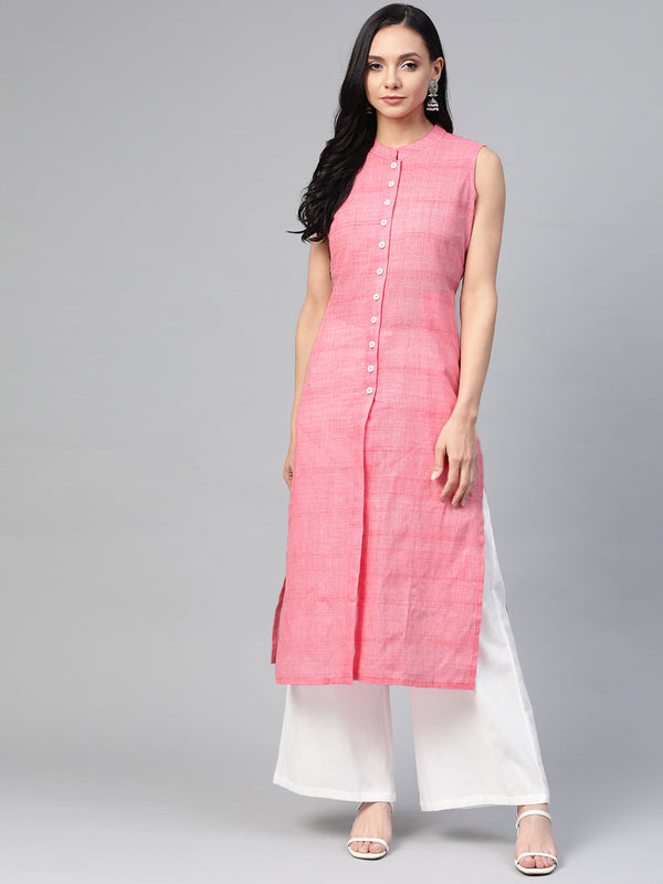 Jashvi Women Pink Pure Cotton Woven Design Straight Kurta