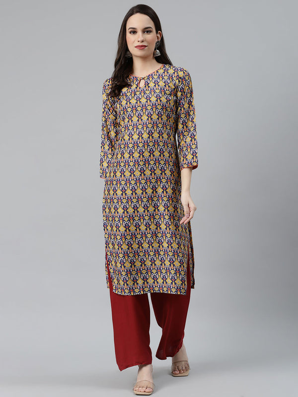 Jashvi Women Blue & Yellow Geometric Printed Keyhole Neck Kurta