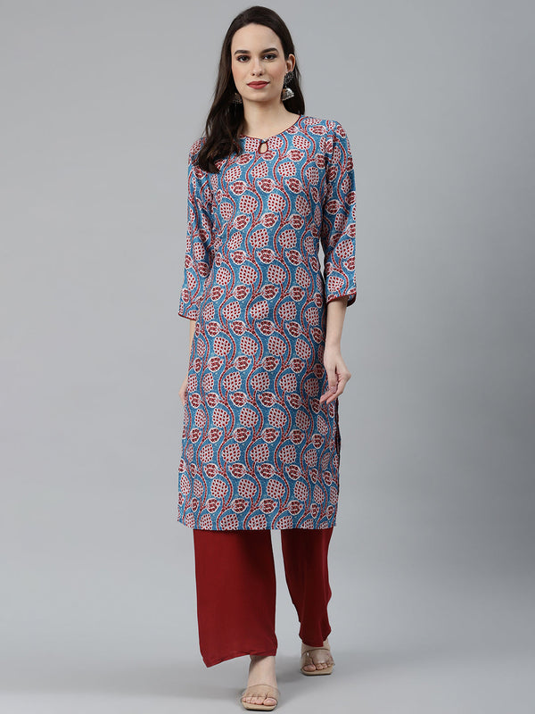 Jashvi Women Blue & Red Ethnic Motifs Printed Keyhole Neck Kurta