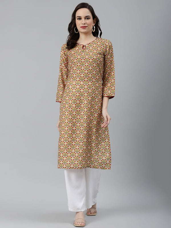 Jashvi Women Yellow & Maroon Floral Printed Keyhole Neck Kurta