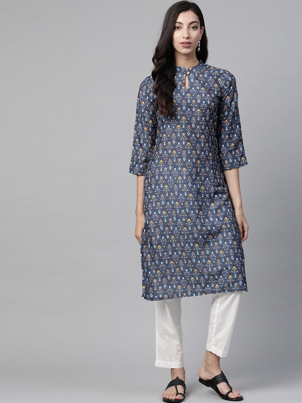 Jashvi Women Blue & Yellow Floral Printed Keyhole Neck Floral Kurta