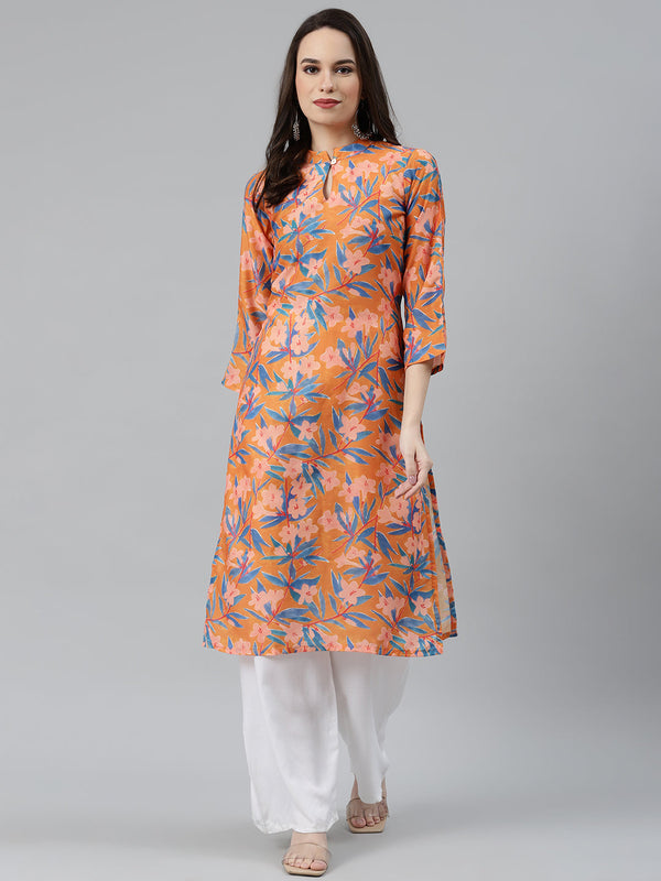 Jashvi Women Orange & Blue Floral Printed Keyhole Neck Floral Kurta