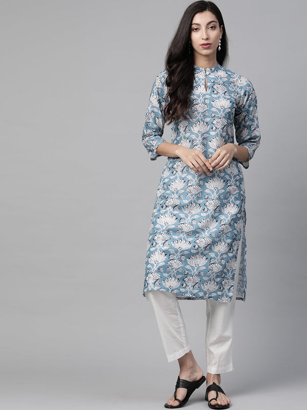 Jashvi Women Blue & White Floral Printed Keyhole Neck Floral Kurta