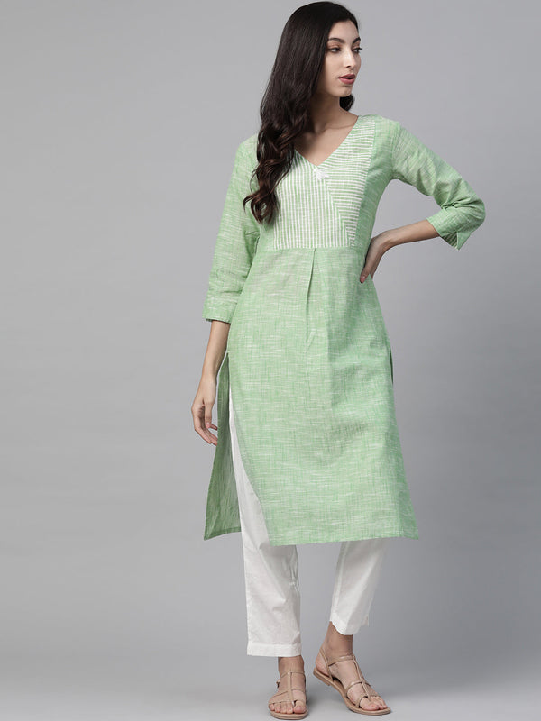 Jashvi Women Green Pure Cotton Striped Pleated Kurta