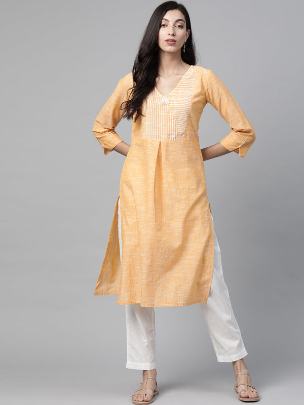 Jashvi Women Yellow Pure Cotton Striped Pleated Kurta