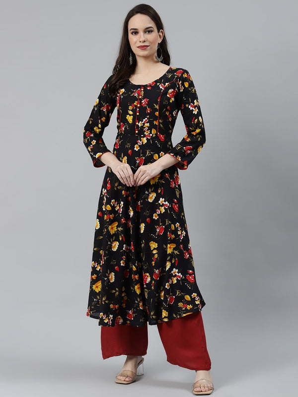 Women's Black & Red Floral Printed Floral Anarkali Kurta - Jompers