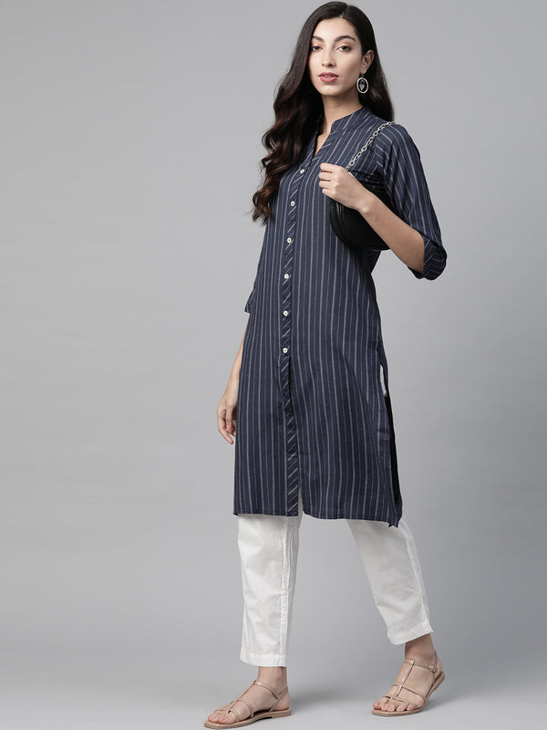 Jashvi Women Navy Blue & White Striped Indigo Fusion Kurta