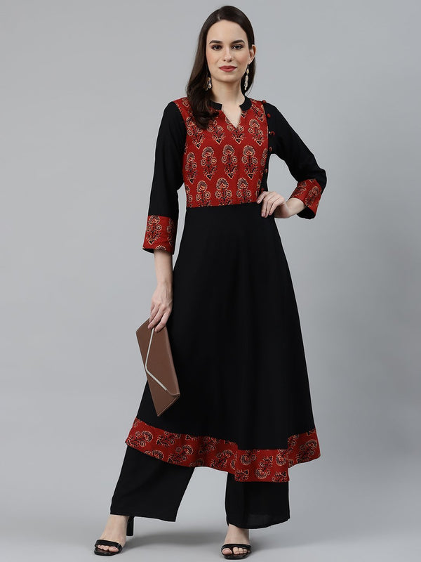 Women's Black & Red Printed Yoke Design Anarkali Kurta - Jompers