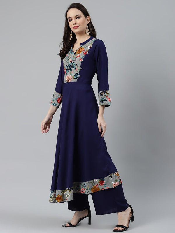 Jashvi Women Navy Blue & Grey Floral Printed Yoke Design Anarkali Kurta