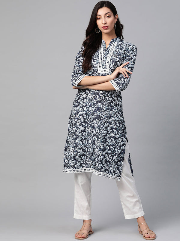 Jashvi Women Navy Blue & Off White Ethnic Motifs Printed Kurta