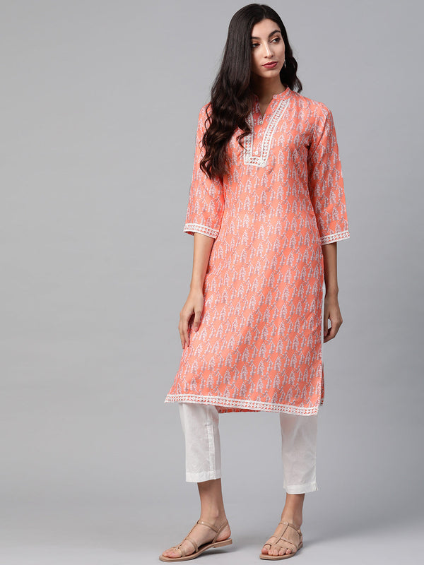 Jashvi Women Orange & Off White Ethnic Motifs Printed Kurta