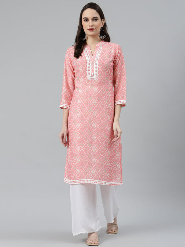 Jashvi Women Pink & Off White Floral Printed Kurta