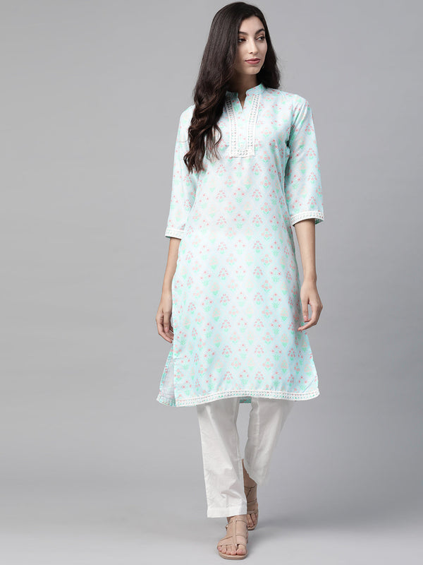 Jashvi Women Sky Blue & Off White Floral Printed Kurta