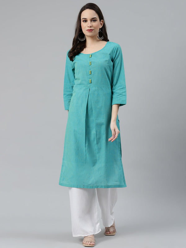 Jashvi Women Blue Woven Design Pure Cotton Straight Pleated Kurta