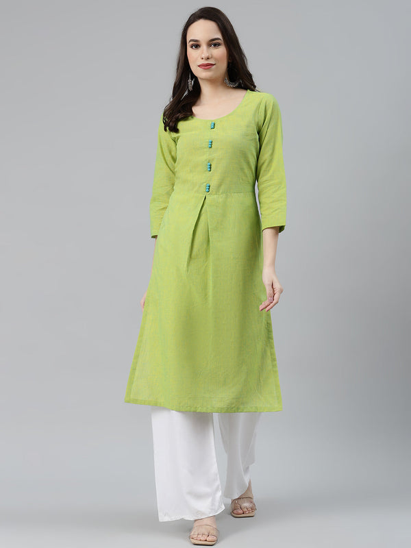 Jashvi Women Green Woven Design Pure Cotton Straight Pleated Kurta